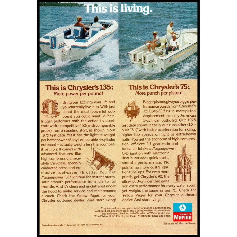 1976 Chrysler Marine Outboard Motor Vintage Print Ad Fishing Boating Wall Art